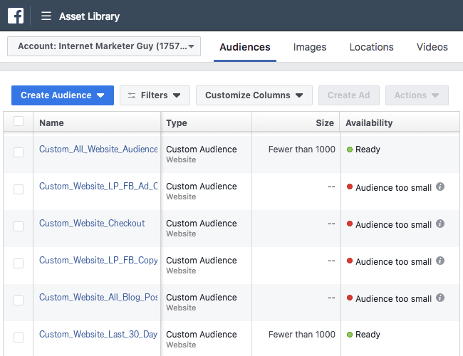 Facebook Ads - Business Manager - Asset Library - Audiences - List of Custom Audiences