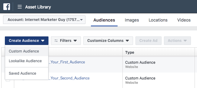 Facebook Ads - Business Manager - Asset Library - Audiences - List of Custom Audiences - Create Audience Expanded - Custom Audience Highlighted