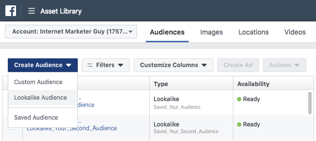 Facebook Ads - Business Manager - Asset Library - Audiences - List of Lookalike Audiences - Create Audience Expanded - Lookalike Audience Highlighted