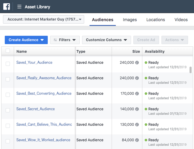 Facebook Ads - Business Manager - Asset Library - Audiences - List of Saved Audiences