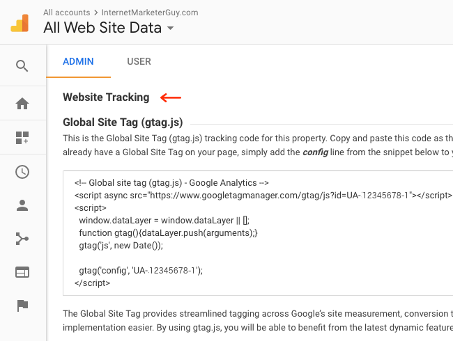 Facebook Ads - Google Analytics - Admin - Property - Tracking Info - Tracking Code - Global Site Tag