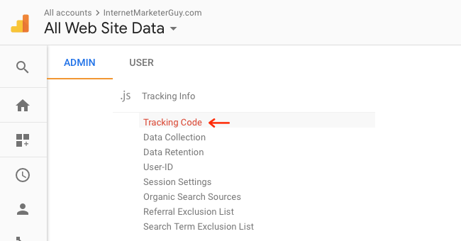 Facebook Ads - Google Analytics - Admin - Property - Tracking Info - Tracking Code Highlighted