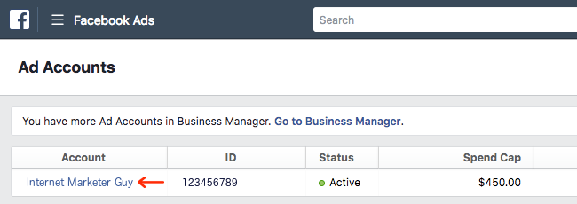 Facebook Ads - Manage Ad Accounts - Arrow to Ad Manager