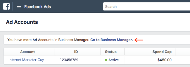 Facebook Ads - Manage Ad Accounts - Arrow to Business Manager
