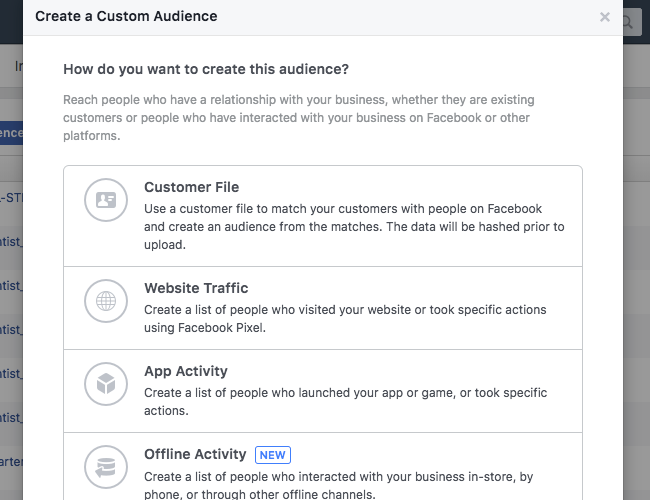 Facebook Pixel - Asset Library - Create Audience Pop Up
