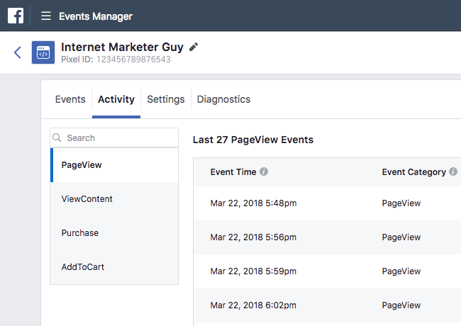 Facebook Pixel - Events Manager - Activity View