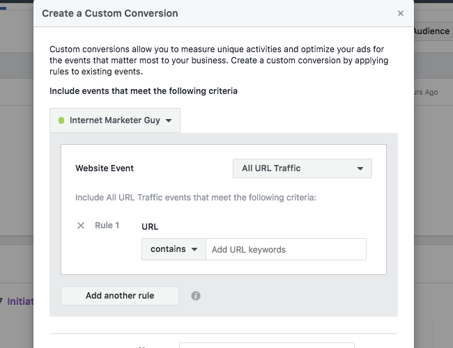 Facebook Pixel - Events Manager - Create Custom Conversion Pop Up