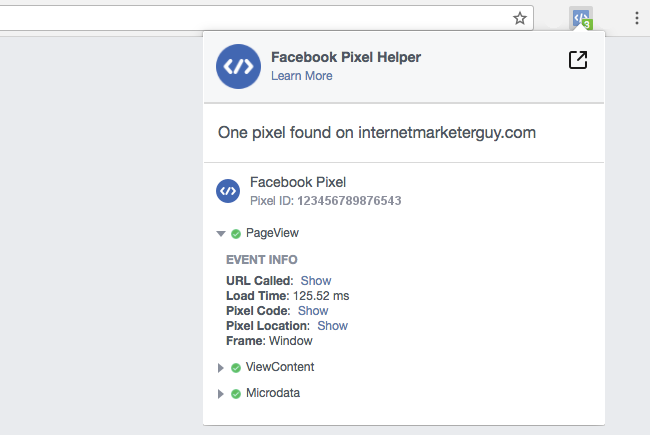 Facebook Pixel - Facebook Pixel Helper - Browser Bar - Icon Expanded - PageView Expanded