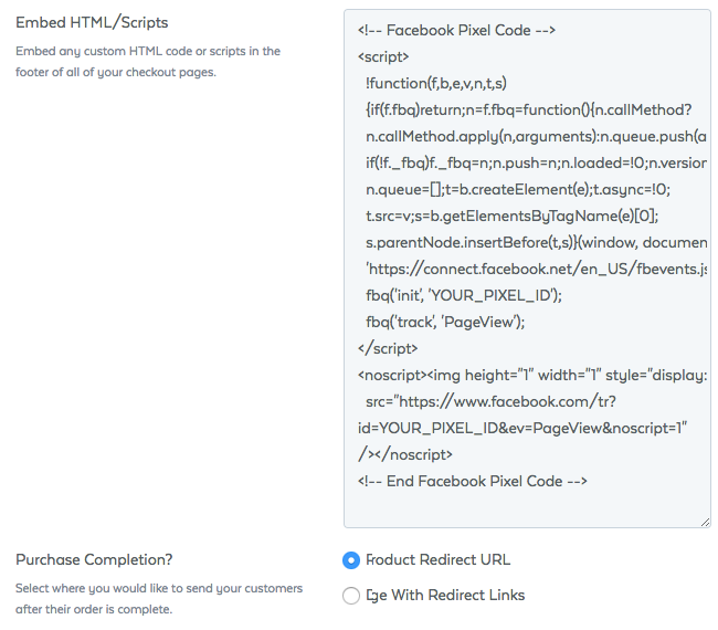 Facebook Pixel - SamCart - Settings - HTML Script Text Box with Pixel