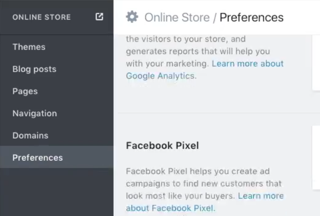 Facebook Pixel -Shopify - Side Menu - Preferences Selected
